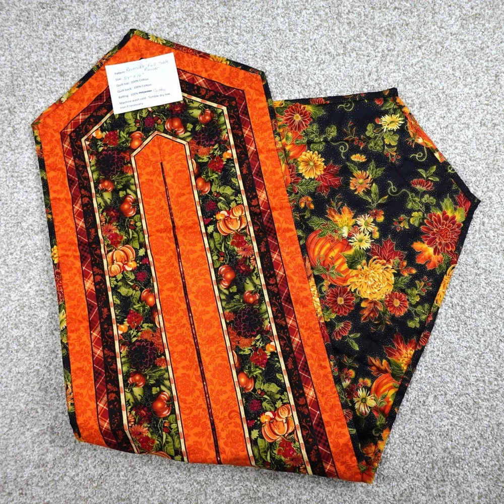 Handmade Reversible Fall Table Runner Quilted Pumpkin Floral 54x16 Orange Black